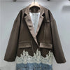 Spring Denim Patchwork Contrasting Color Lace Blazer Long-sleeved Women Oversize Loose Casual Suit