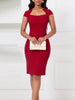Women Elegant Square Neck Cap Sleeve Vintage Slim Work Office Cocktail Party Business Casual Sheath Bodycon Pencil Dress