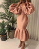 Women Evening Dress Solid Full Puff Sleeve V-neck Long Maxi Trumpet Dresses Vintage Party Vestidos Fall Outfit