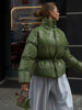 Women High Stand Collar Solid Puffer Jacket Elastic Cinched Waist Peplum Hem Zip Back Thick Padded Coat Warm Winter Street Coats