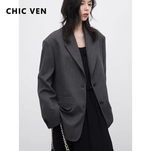 Korean Women Blazers Loose Casual Retro Plaid Single Breasted Mid Length Ladies Jacket Coat Spring Autumn
