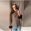 Women Stand Collar Tweed Jacket Elegant Long Sleeve Faux Fur Cuffs Coat Spring Single Breasted Outerwear Street