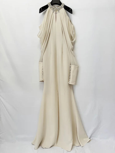 Designer Women's Stand Collar Beaded Diamonds Chiffon Off Shoulder Long Sleeves Party Long Dress