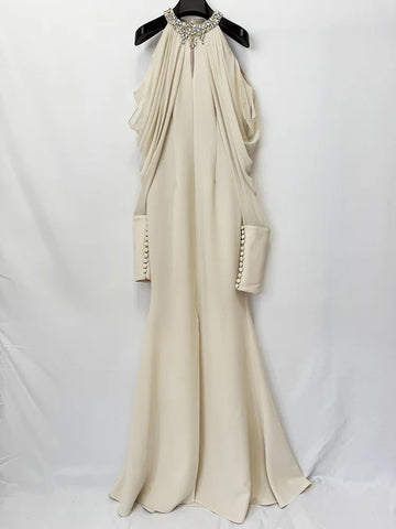 Designer Women's Stand Collar Beaded Diamonds Chiffon Off Shoulder Long Sleeves Party Long Dress