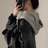 Korean Black PU Leather Jacket Women Hooded Loose Spring Autumn Zipper Fake Two-Piece Versatile Outerwear