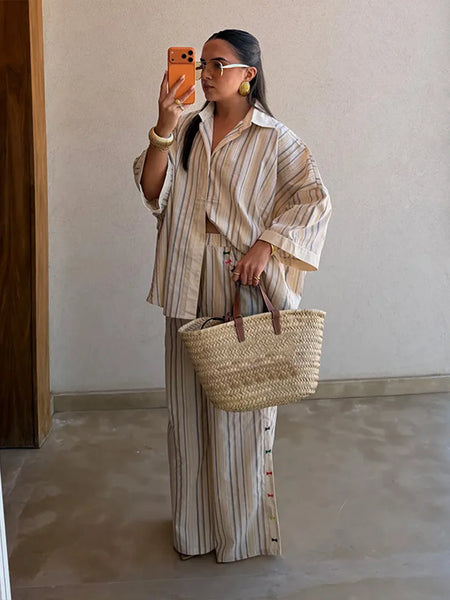 Striped Long Pants Set Color Block Turn Down Collar Three Quarter Sleeve Shirt Wide Leg Bottoms Casual Chic Women Outfits