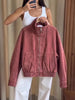Women Suede Short Jacket Loose Red Stand Collar Long Sleeve Zipper Coat Autumn High Street Lady Outerwears