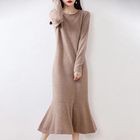 Elegant 100% Wool Dress Women Long Sleeve Curl O-neck Wool Knit Mermaid Sweater Skirt Spring Autumn Winter Female Dress