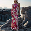 Rose Printed Satin Dress Womens Elegant High Waist Boho Maxi Dress Sexy One Shoulder Long Sleeve Women Party Dresses