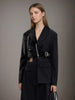 Deconstruction Irregular PU Leather Spliced Blazer Women's Lapel Loose Strap Suit Jacket Autumn
