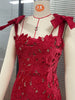 Year Women‘s Red Evening Dress Mid-Length Elegant Floral Christmas Dress with Bow Straps Cocktail Party Gown Dress