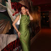 Olive Green Satin Maxi Dress Women Elegant Shawl Design Lace Trim Asymmetrical Hem Ruched Bodycon Formal Dinner Gown