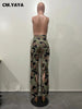 women camouflage cutout cross criss straight cargo pants autumn winter safari style trousers