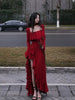 Spring Women Elegant Long Slevee Midi Dress Female Red Square Collar Ruffle Party Dress Christmas Irregular Prom Dress
