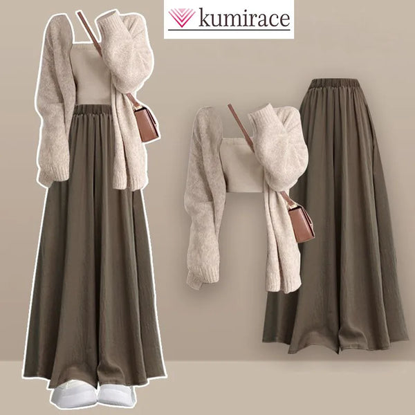 Gentle and Lazy Style Sweater Jacket with Camisole Inside and Casual Pants Set for Women, Autumn and Winter Set, Three, 202