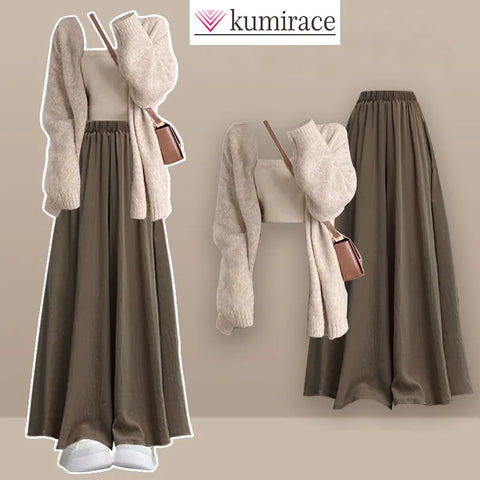 Gentle and Lazy Style Sweater Jacket with Camisole Inside and Casual Pants Set for Women, Autumn and Winter Set, Three, 202