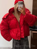 Bright Red Hooded Puffer Jacket Women Oversized Collar Horizontal Quilted Thick Padded Cropped Coats Warm Outwear Winter Wears