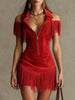 Western Retro Suede Tassel Dresses for Woman V-neck Single-breasted Zipper Slim Hips Dress Long Sleeve Mini Dress with Pocket