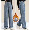 Winter Lady Thermal Plush High Waist Jeans Girls Snow Warm Denim Pants Women Classic Fleece Straight Leg Trousers