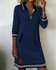 Autumn Winter Versatile Women's Dress Casual Contrasting Color Splicing Lapel Long-sleeved Loose Dress With Pockets
