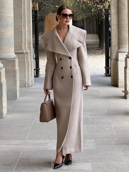 Women Oversized Lapel Woolen Long Coat Double Breasted Slim Waist Maxi Overcoat Elegant Autumn Winter Street Daily Outerwear