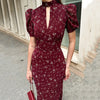 Spring Elegant Print Long Dress Vintage High Waist Puff Sleeve Dresses Lady Casual Chiffon Turtleneck Dress For Women