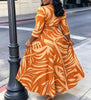Plus Size Women Leaf Print Midi Dress, 3/4 Sleeve Tie Waist A Line Flowy Dress With Pockets