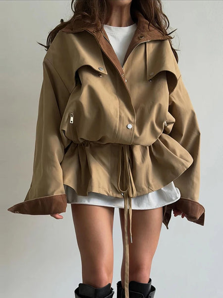 Retro Drew-string Jackets Women's Loose Full Sleeves Buttons Zipper Pockets Lapel Coats Ladies Autumn Solid Outwear