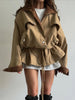 Retro Drew-string Jackets Women's Loose Full Sleeves Buttons Zipper Pockets Lapel Coats Ladies Autumn Solid Outwear