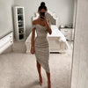 Women Christmas Party Dress Sequined Irregular Hem Evening Dress Low-cut Prom Wedding Party Formal Slit Hem Ladies Midi Dress