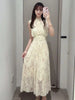 Kuzuwata Fresh Mid-length Print High Waist Robe Gentle Literary Lace Up Pleated Slim Mujer Japan Elegant Dress