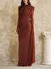 Solid Draped Neckline Long Dress Women Elegant Full Sleeve Cinched-waist Pleated Bodycon Robe Lady Chic Evening Dinner Gown