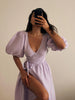 100% Cotton V-neck Waist Cinched Dress Unique Lantern Sleeve Sexy Slit Long Skirt Women's Casual Dresses