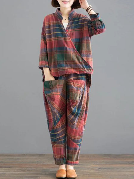 2 Piece Sets Women Casual Pants Suits Autumn Vintage Style Plaid Pattern Loose Female Tops And Harem Pants D405