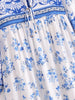Boho White Blue Totem Print Bow Lacing up Neck Long Straight Dress Women Viscose Cotton Full Sleeve Maxi Robe Holiday