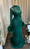 Women Feather Long Sleeve O-neck Ruched Mermaid Long Maxi Dress Street Mesh Sexy Party Cocktail Night Dresses