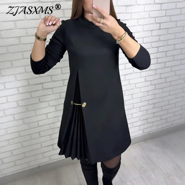 Spring Sexy O Neck Patchwork Pleated Dress Woman Elegant Solid Slim A-Line Party Dress Autumn Long Sleeve Female Mini Dress