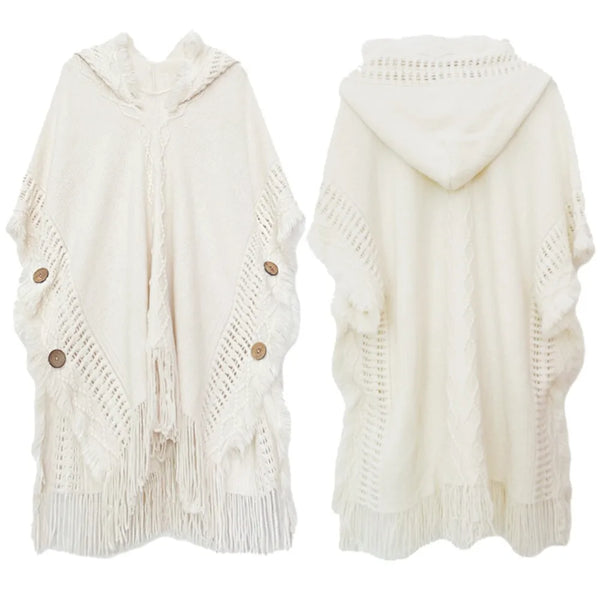 Womens Bohemian Hooded Knitted Shawl Winter Warm Button Wraps Scarf Coat Cloak Cardigan