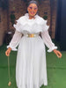 White Pleated Chiffon Maxi Dress Tierred Ruffled Collar Puff Sleeves Women Elegant Events Weddings Special Occasions