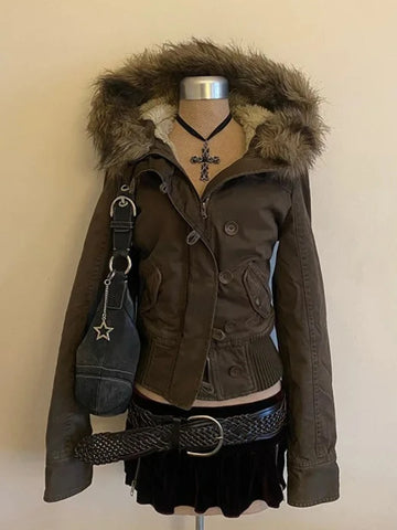 Spring Retro Faux Fur Coats Women 2000s American Vintage Jackets Harajuku Gotihc Punk Clothing Jean Parkas Female Outwear