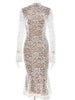 Sexy See Through Lace Women Midi Dress White Long Sleeve Turtleneck Dress Female Winter Skinny Elegant Party Clubwear