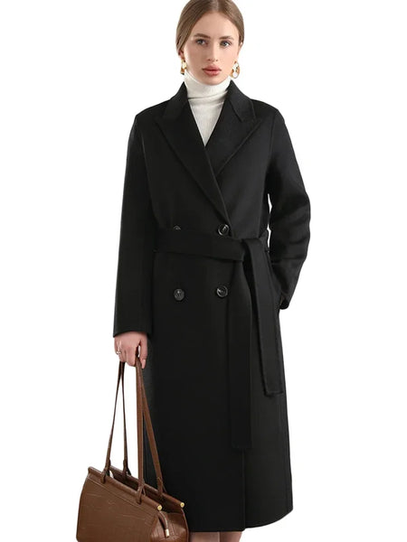 Women 100% Wool Peak Lapel Overcoat Belt Double-Breasted Autumn Winter Long Jacket Trench Coat Ladies Female Clothing #19