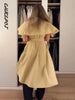 Lapel Cape Sleeve Lace Up Long Sleeve Women Elegant Epaulet Oversized Waist Cinching Pleated Shirt Dresses Chic Ladies Partywear