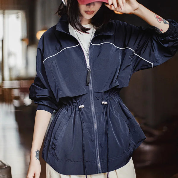 Women's Lightweight Stand Collar Short Windbreaker Jacket Navy Blue Contrast Parka with Waist Cinching for Spring and Fall