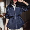 Women's Lightweight Stand Collar Short Windbreaker Jacket Navy Blue Contrast Parka with Waist Cinching for Spring and Fall