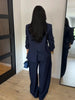 Chic Solid Stand Neck Blazer Jacket Pant Set Women Full Sleeve Shoulder Pads Coat Wide Leg Pants Autumn Commute Outfit