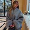 Women Grey Fur Splicing Woolen Coat Casual Belt Full Sleeve Lapel Loose Cardigan Outwear Lady Winter Highstreet Jacket