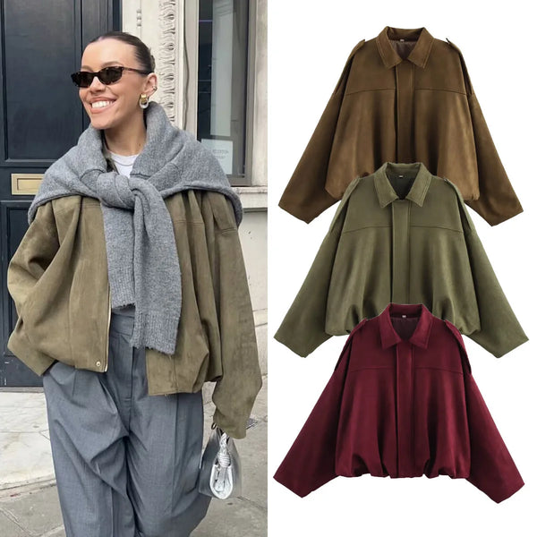 Women Bomber Jackets Suede Texture Coats Turn-down Collar Long Sleeve Loose Vintage Female Outerwear Chic Top Streetwear