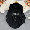 Spring Office Lady Shirt Dress Women Long Lantern Sleeve Sashes Waist Robe Femme Single Breasted Short Dresses