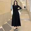 Long Sleeve O-neck A-line Dress Streetwear Vestidos Lady Korean Style Hollow Out Black Long Dresses Women